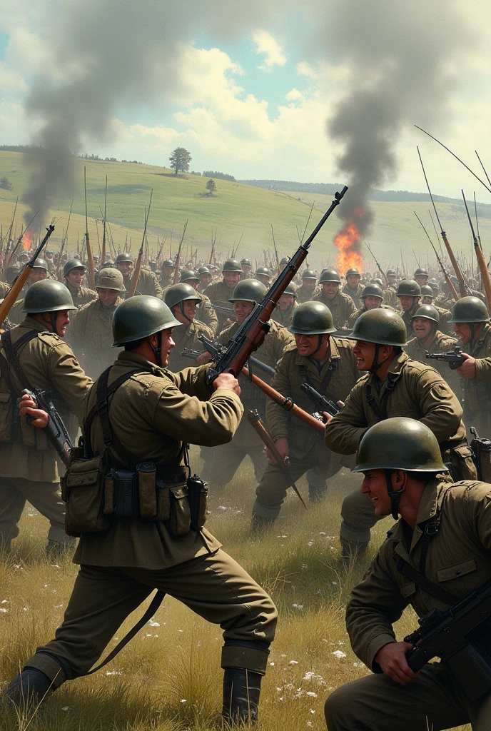 Create me an image of army currently on chaotic battle with the opponent wearing different army suit fighting face to face in England in 1970