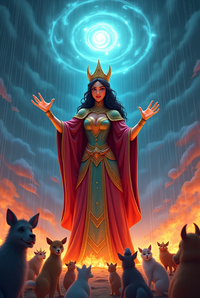 Cartoon 3d image style "Queen Sheetal stands tall, raising her arms to use her magical powers. The sky above her is dark with storm clouds, and rain begins to pour down, starting to douse the flames. The animals watch in anticipation, huddling together.