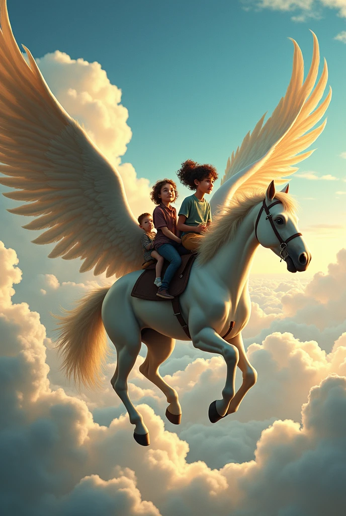 A beautiful horse with long wings , 3 kids were sitting on its back. 
I need 3 kids 
Meg  girl with curly hairs wearing glasses 
,  thin tall boy with not curly hair
 and  little charles welqlace . 