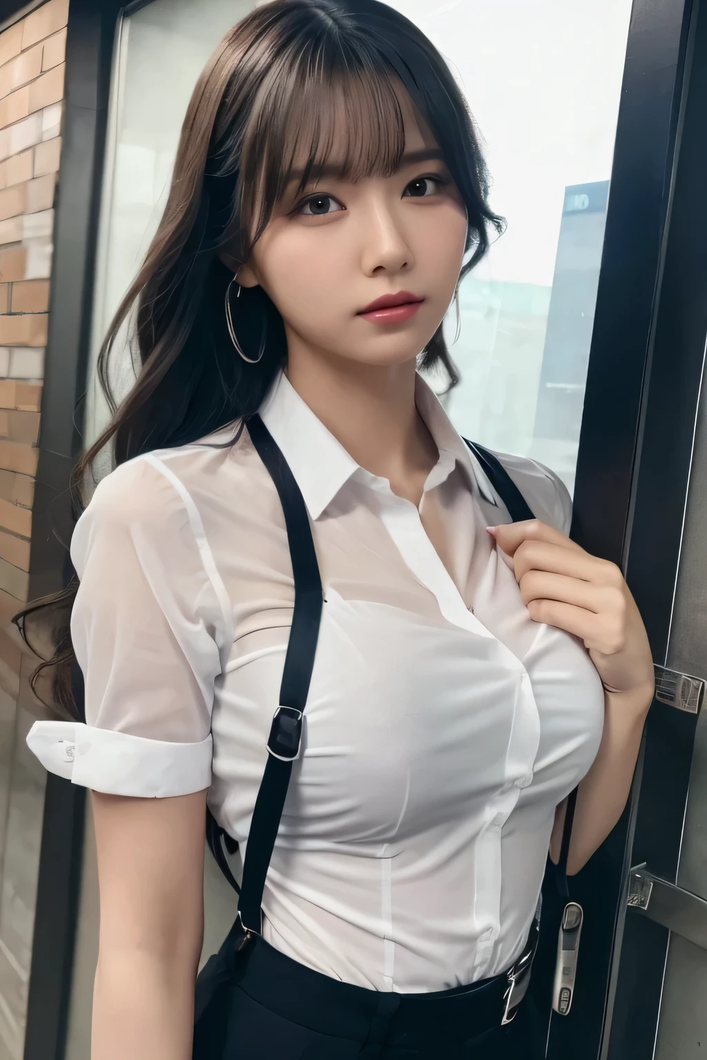 a woman in a suit, belt, hands behind back, sweating, suspenders, black pants, sexly, large breasts, see-through clothing, rain, detective, office worker, white button-up shirt, (best quality,4K,8k,highres,masterpiece:1.2),ultra-detailed,(realistic,photorealistic,photo-realistic:1.37),hyper-detailed,highly detailed face and body, Slender thin suspenders Moderate breasts See-through shirt Nipples holster chain Pistol Armament criminal Female criminal knife