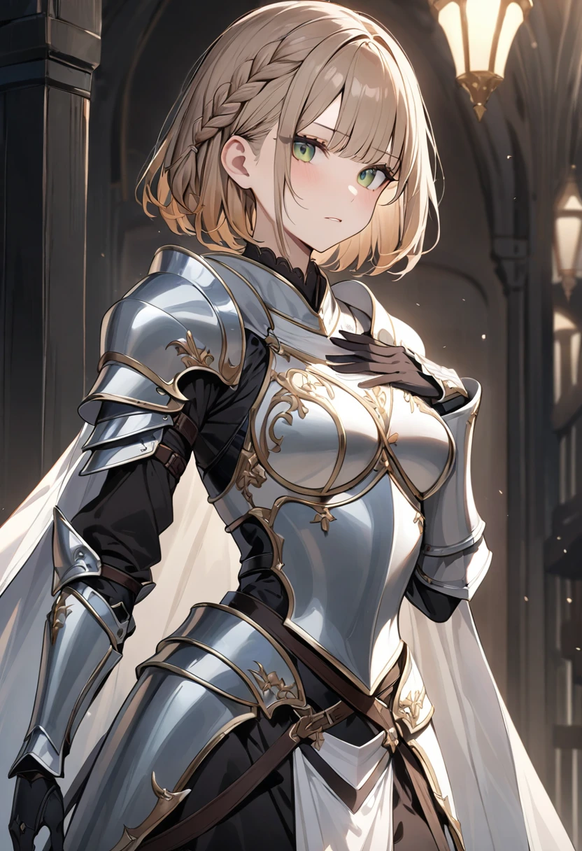 (masterpiece, top quality, very aesthetic, 4k、illustration), ()、intricate detail, 1woman,solo,contrapposto 、(gradient eyes、tareme)、hand on your chest、very short hair、asymmetrical bangs,Fair skin,(upper body)、beautiful women、clear face、Serious Face、(Full Plate Armor、waist-cape armor),beautiful face、(gradient hair)、(braid light brown hair)、sidelock ,,green eyes、Knight Armor、Full Body white Armor、medium breasts、slender 、Cape
