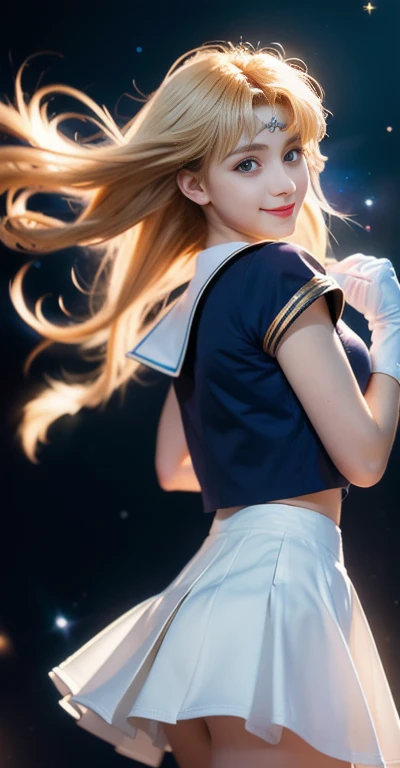 (Highly Detailed CG Unity 8K Wallpaper, masterpiece, Highest quality), (Exquisite lighting and shadows, A very dramatic picture, cinematic lens effects), (Sailor Moon: 1.1), Cute Smile, Double Tail, blue eyes, Blonde, Tight Top, White gloves, mini skirt, Dynamic pose), The background is space (Amazing details, Excellent lighting, Wide-angle), (Excellent rendering, Stand out in the same class),Upper Body