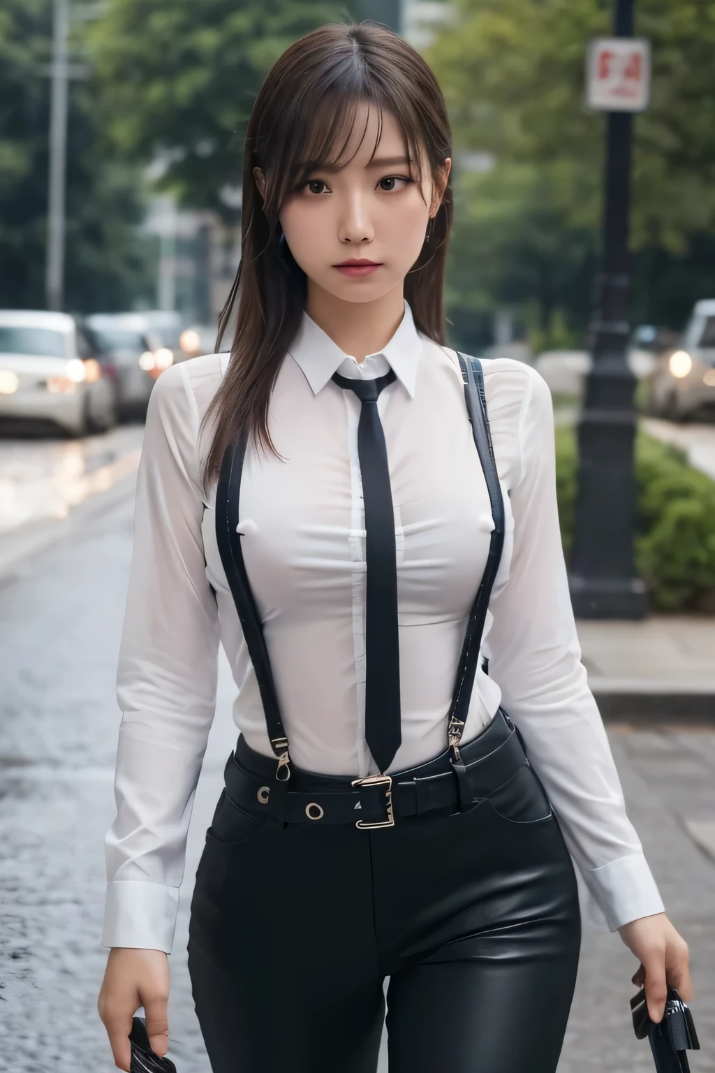 a woman in a suit, belt, hands behind back, sweating, suspenders, black pants, sexly, large breasts, see-through clothing, rain, detective, office worker, white button-up shirt, (best quality,4K,8k,highres,masterpiece:1.2),ultra-detailed,(realistic,photorealistic,photo-realistic:1.37),hyper-detailed,highly detailed face and body, Slender thin suspenders Moderate breasts See-through shirt Nipples holster chain Pistol Armament criminal Female criminal knife