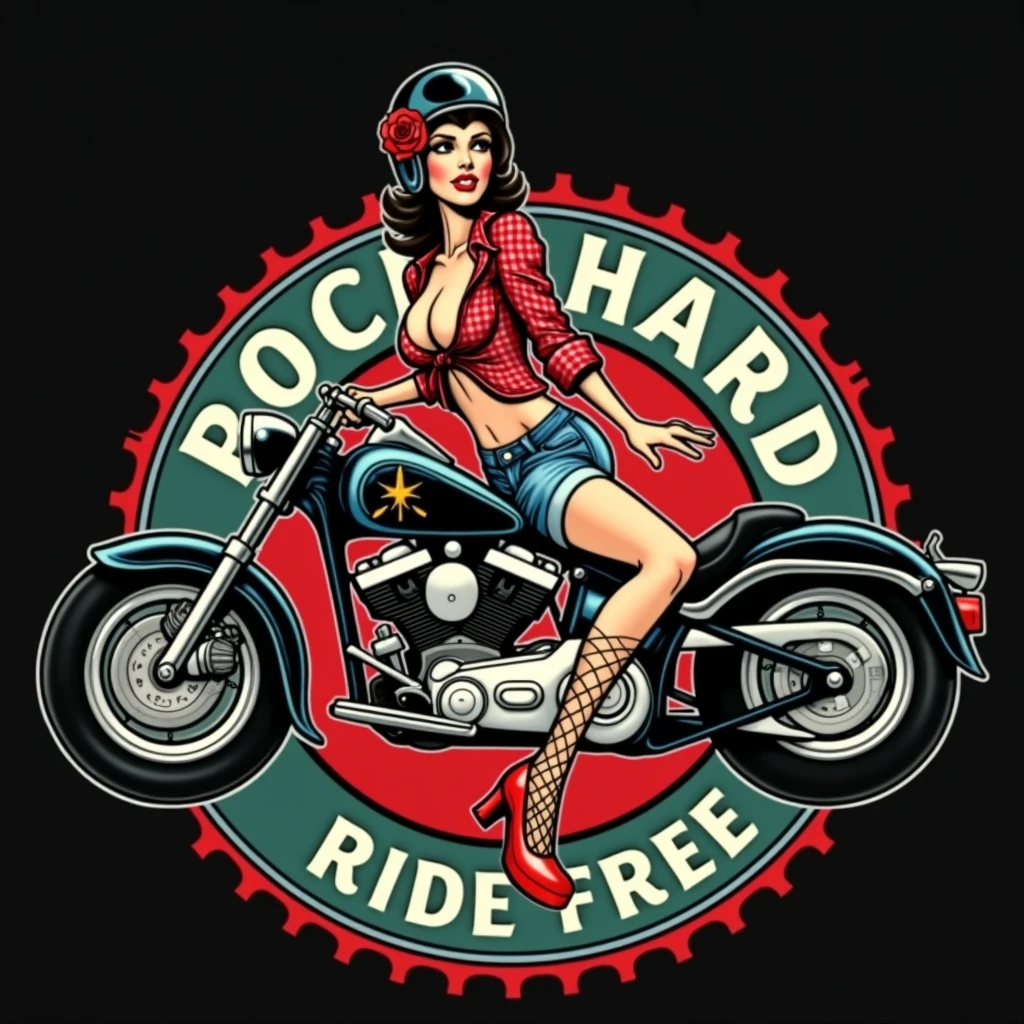 Pin-up girl brunette in motorcycle helmet on old school motorcycle, in red shoes, in fishnet stockings, in a red, sleeveless, checked shirt with an open bust, in denim short shorts, red rose in hair. In the style of old school tattoo. Eldstudio89 in the circle of words: ROCK HARD RIDE FREE