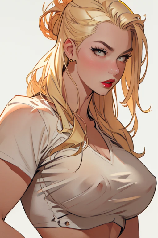 blond woman with big breast posing for a picture in a white shirt, wide golden eyes and red lips, sexy face with full makeup, blonde hair and large eyes, profile image, kailee mandel, perfect face ), anastasia ovchinnikova, headshot profile picture, thick red lips, red lips, aleksandra waliszewska, inspired by Elsa Bleda