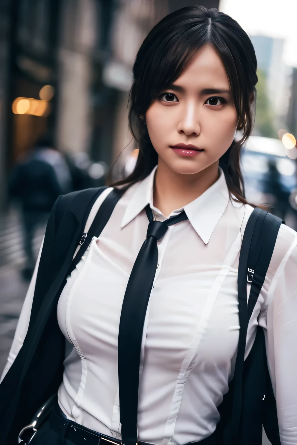 a woman in a suit, belt, hands behind back, sweating, suspenders, black pants, sexly, large breasts, see-through clothing, rain, detective, office worker, white button-up shirt, (best quality,4K,8k,highres,masterpiece:1.2),ultra-detailed,(realistic,photorealistic,photo-realistic:1.37),hyper-detailed,highly detailed face and body, Slender　thin　suspenders　Moderate breasts　See-through shirt　Nipples　holster　chain　Pistol　Armament　criminal　Female criminal　knife