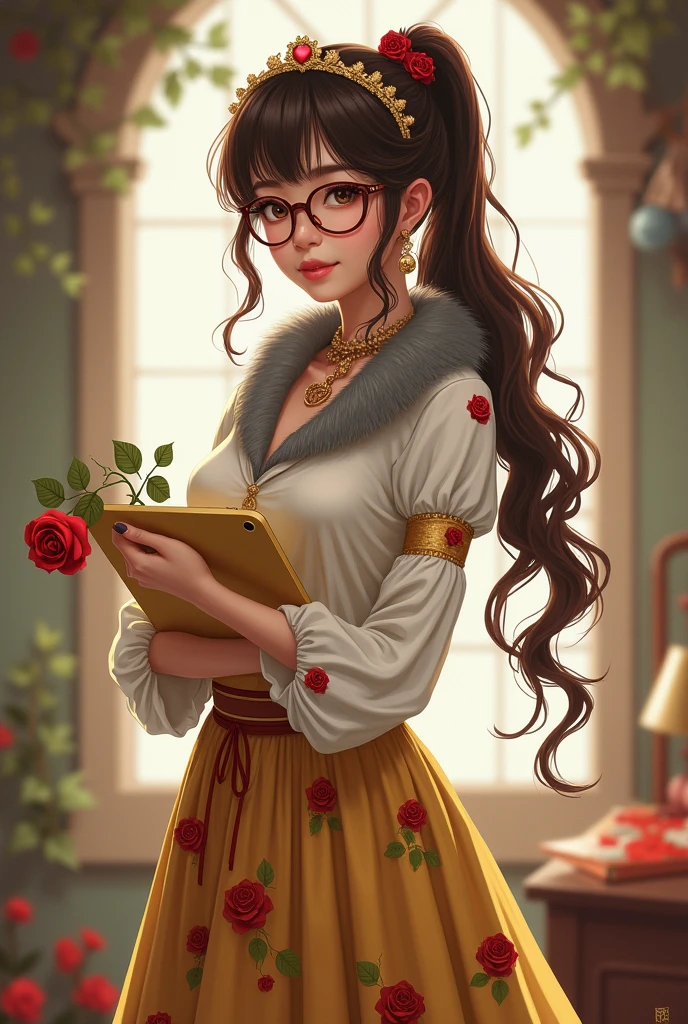 Imagem da filha da Ramona Badwof e da Rosabella Beauty de Ever After High: You have to have your hair in a long wavy brown ponytail with bangs and red highlights, first of all, light brown eyes, brown glasses with a red rose, long white blouse with red roses and green leaves on the blouse and sleeves, golden skirt with golden roses, a faux fur collar around the neck of gray color, brown high heel boots with roses, golden flower tiara on head, wolf earrings, wolf pendant, and holding a yellow tablet with a red rose in her arms