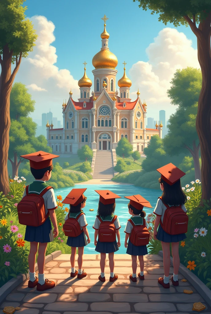 Early in the morning, the children take a trip to a big city. The roads are winding and the rivers are calm. The city is known for its ancient university. This university is religious and the charm of its beauty and its luxurious buildings sparkle under the rays of the sun and looks like an artistic painting. The children stand in front of the school and are amazed. The children have beautiful school caps on their heads.