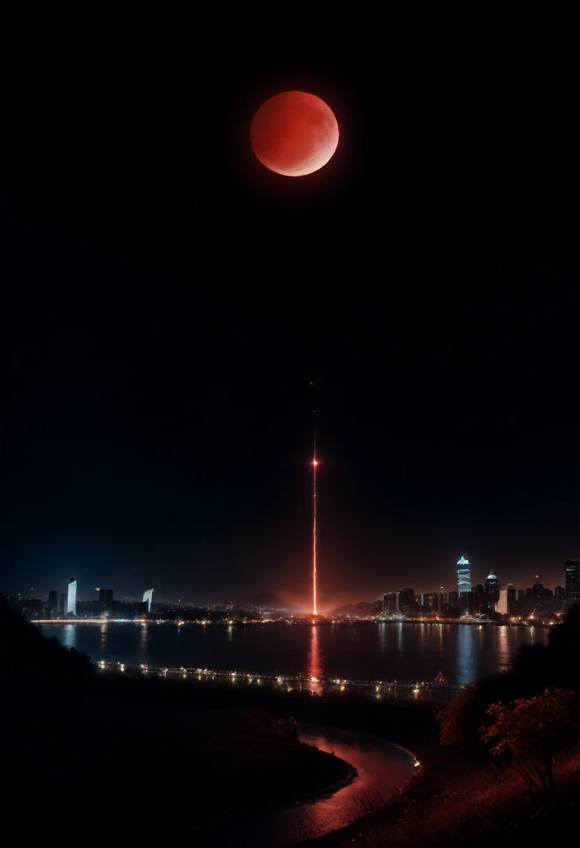 Dark night over the city, red moon, red moon with energy flow, energy tides, bad premonitions, scenery, do not want humans, there is energy flow, highly real, 4K, chiaroscuro, super high detail waiting to start