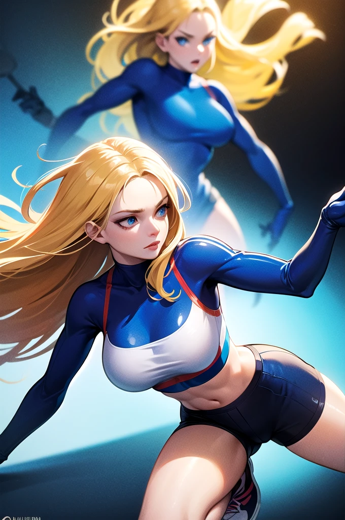 (turtleneck tight sports bras+shiny royalblue) , shiny blue eyes,(light navyblue compression shorts) ,stunning statuesque long legs athletic woman, college age , middle breasts, realistic, powerful fighting pose with dynamic motion , beautiful blonde hair flowing,airy shortbob, dandelion color hair highlights, forehead visible and parted bangs, gamecg ,high quality, 8k, cinematic lighting, dramatic shadows, vivid colors