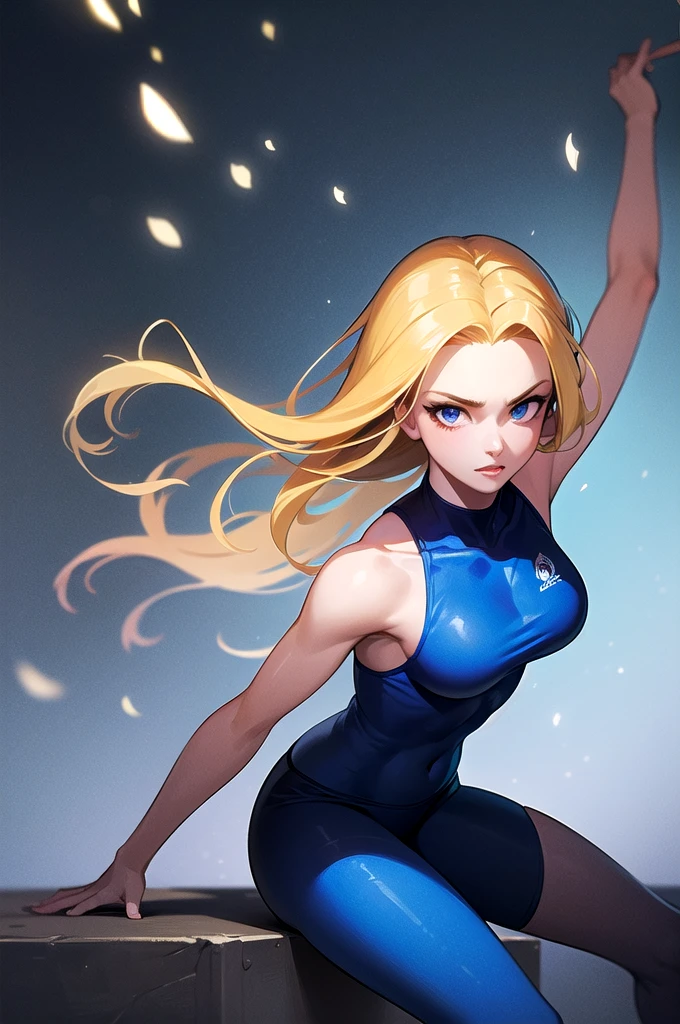 (turtleneck tight sports bras+shiny royalblue) , shiny blue eyes,(light navyblue compression shorts) ,stunning statuesque  long legs athletic woman, college age   , middle breasts, realistic,  powerful fighting pose with dynamic motion , beautiful blonde hair flowing,airy shortbob, dandelion color hair highlights,  forehead visible and parted bangs, gamecg ,high quality, 8k,  cinematic lighting, dramatic shadows, vivid colors