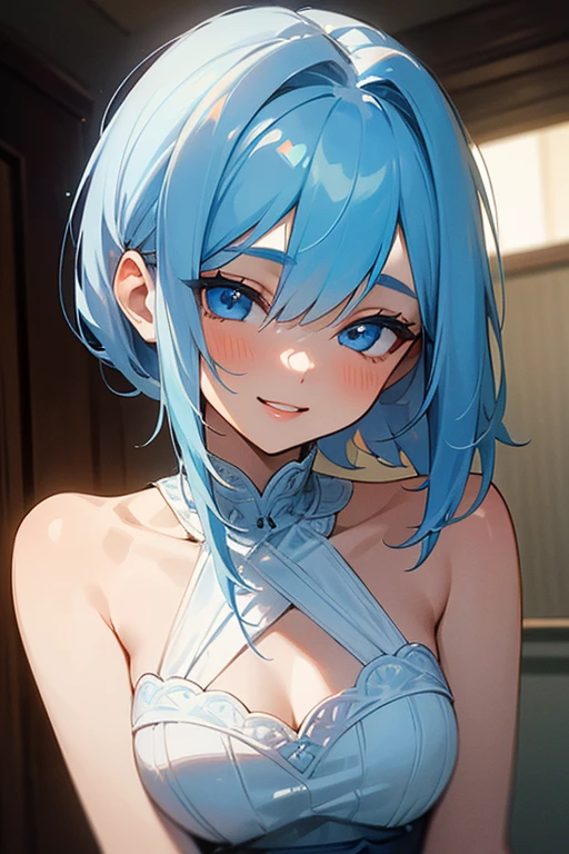 (masterpiece: 1.2, Highest quality), (Actual Photos, Intricate details), 1. woman, alone, Upper Body, casual, Shoulder-length hair, Minimal makeup, Natural materials, Face close-up, smile, Home, (Light blue hair).blue eyes, Shoulder Bare、Smiling with teeth showing、(In the gap between my breasts).((Kiss with your eyes closed)).