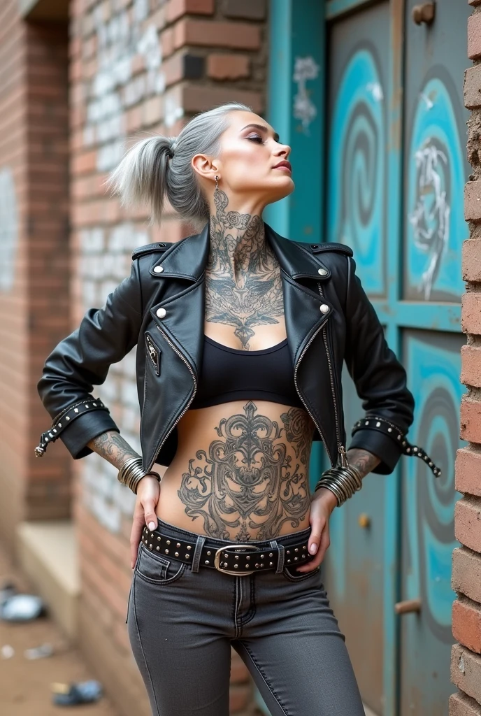 russian milf woman, grey hair (pouf, top ponitail, shaved sides), with very light blue eyes, extremely pale skin. All neck tattooed. All stomach tattoed. All hands tattooed.Wearing cropped aged black moto jacket with lots of zippers and pins.. Dark worn grey low rise skinny jeans.. wide black studded belt. Leaning her back on a graffitied brick wall with hands on her hips, looking up, chin up, stretching her neck , humble facial expression.. Listening with tilted head, looking up to somebody more clever speaking to her from the sky, upper teeth visible. Well toned abdominals, thin neck, slim legs and thin arms. Narrow hips. Dirt street in Kenyan village full of waste. Lots of silver bracelets.