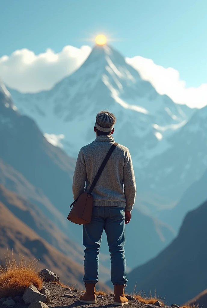 a Indian 30 years boy is at down and looking up to the kailash mountain, he wears style sweater, style monkey cap, bag, style shoes. His back side should be displayed. Weather is so cool, breezy. On the top centre of Kailash mountain, one thing should be shining.