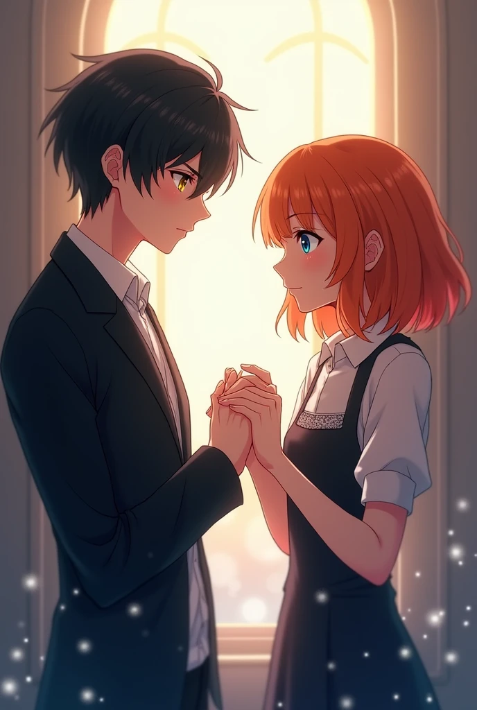 cool guy, black hair, yellow eyes, clasping his hand with the girl's, she has orange hair, blue eyes, modestly dressed, anime character