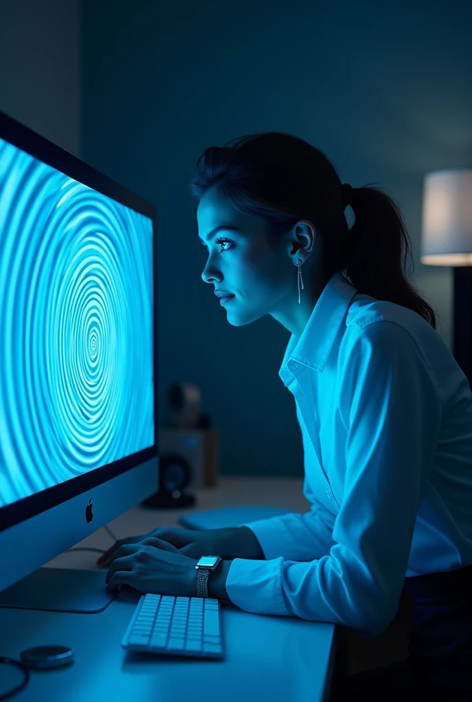 A sexy beautiful girls, white shirt, pencil skirt, work in office and look the screen of computers and her computer screen displayed a hypnotic glowing blue spiral and the woman's eyes appeared blue spirals as she looked at her computer screen and her became very hypnotized while looking at his computer screen and her was deeply hypnotized and his eyes turned into blue spirals then his face got closer to the screen then his face got closer to his screen with his eyes becoming blue spirals then he was very fascinated by the screen then her was so fascinated by the screen that her kissed the computer screen with his eyes turning into blue spirals until her droolled her was crazy about the blue spiral and her stood up from his chair and bent over while looking at his computer screen, the sexy woman's hand was holding the computer screen the her prostrated himself in front of his computer screen