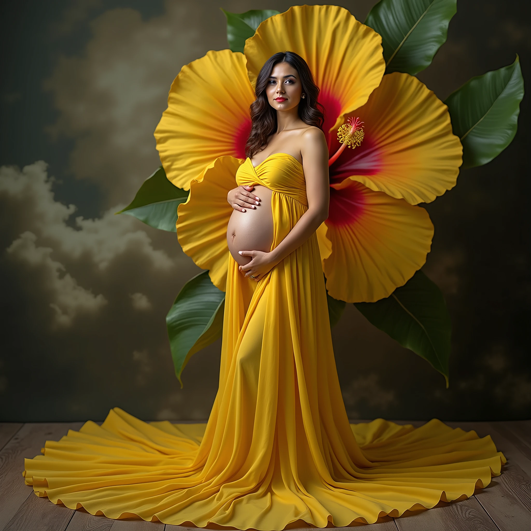 pregnant woman in yellow dress posing in front of large yellow flower, a portrait by Sam Black, some cloudy effect in ground and flower , leaf flowing in air ,shutterstock contest winner, art photography, draped with red hybiscus, rich yellow colors, draped in velvet and flowers, full body photoshoot, grayscale phtoto with yellow dress, maternal photography 4 k, award winning studio photo, in a yellow dress, rich yellow