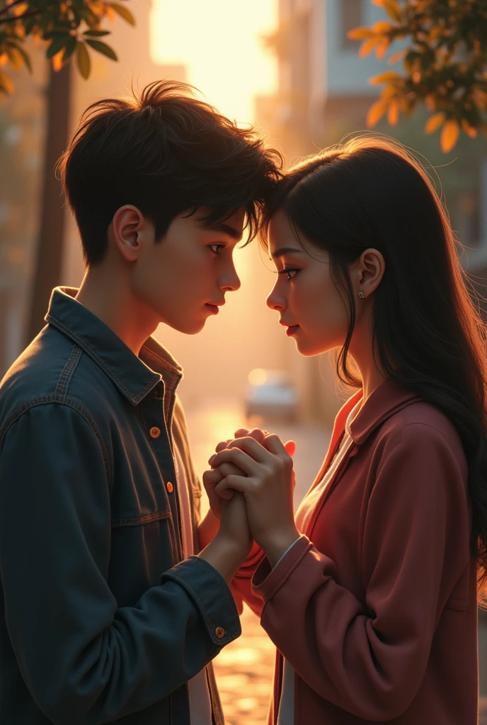 A boy holding gf hands and she wants to go he persuade her not to go