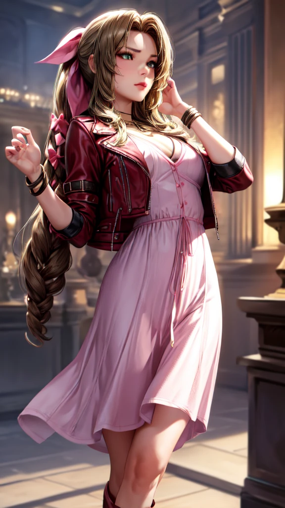 CG, ff7r style perfect atwork, perfect female figure, Aerith Gainsboroug, holding small flower basket, peeing herself, peeing down her legs, green eyes, surrounded by other people, standing in very busy midgar city street, sunny, choker, cropped jacket, hair bow, bracelet, pink dress, brown ankle boots, looking down nervously, shy, embarrassed aroused and shocked, outdoors, standing legs crossed, a small puddle of her own urine is forming around her feet on the dry ground, very desperate to pee, peeing, wetting herself, urination, streaming tears, scared, despair, panicking, high detail, Realism, Hyperrealism, masterpiece, highres, UHD, anatomically correct, high quality, super detail, high details, best quality, highres, award winning, 8k, textured skin