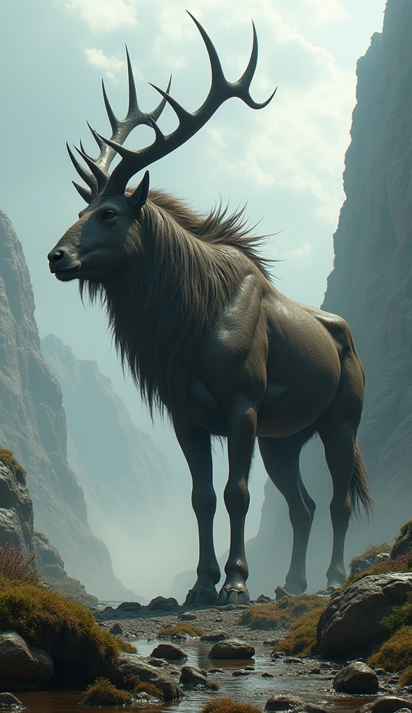 A hybrid of two land animals, realistic photo, in dramatic nature