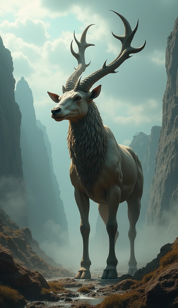 A hybrid of two land animals, realistic photo, in dramatic nature