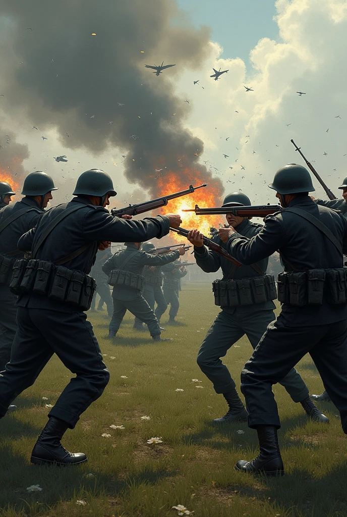 Create me an image of army currently on chaotic battle with the opponent wearing blackish army suit fighting face to face in England in 1970