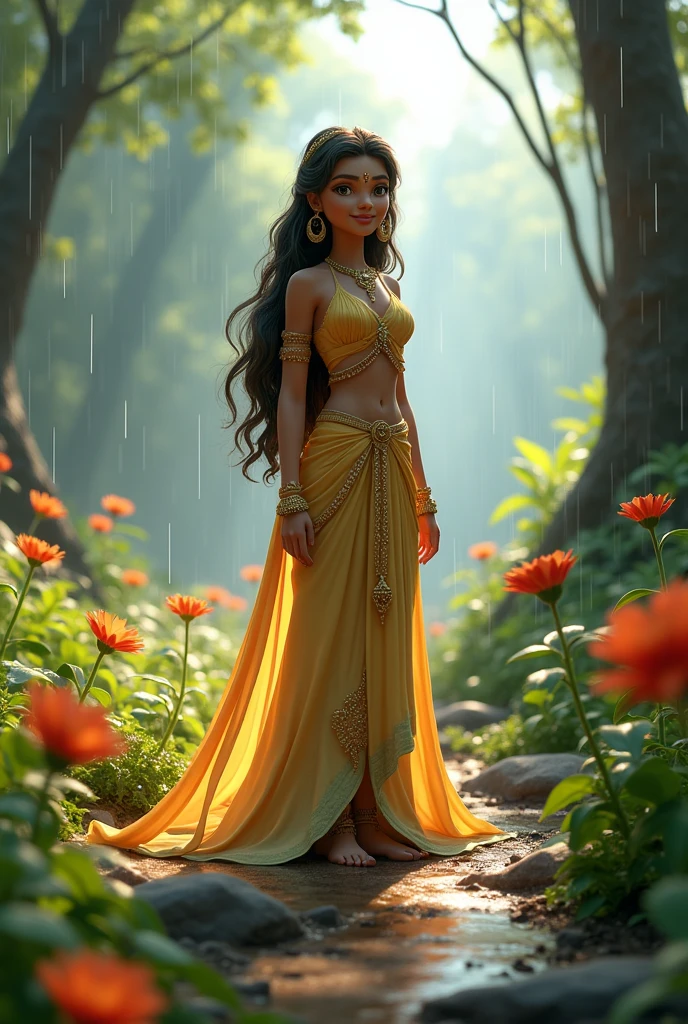 Cartoon 3d image style "The rain intensifies, fully extinguishing the fire. The flames are gone, and the forest starts to recover. Queen Sheetal stands in the center, with a serene expression, as the rain continues to fall gently around her.