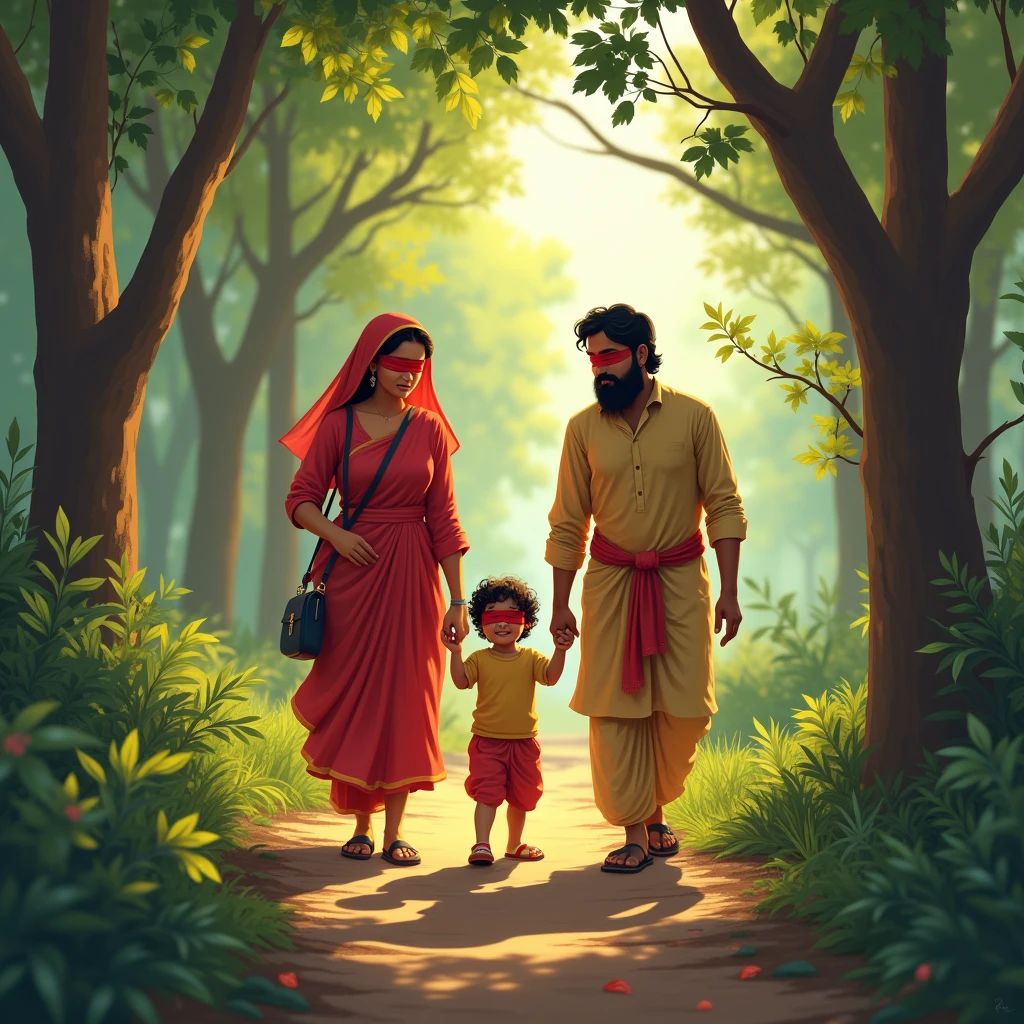 Rajasthani mother and father took their five-year-old child to the forest. The child had a red bandage tied over his eyes