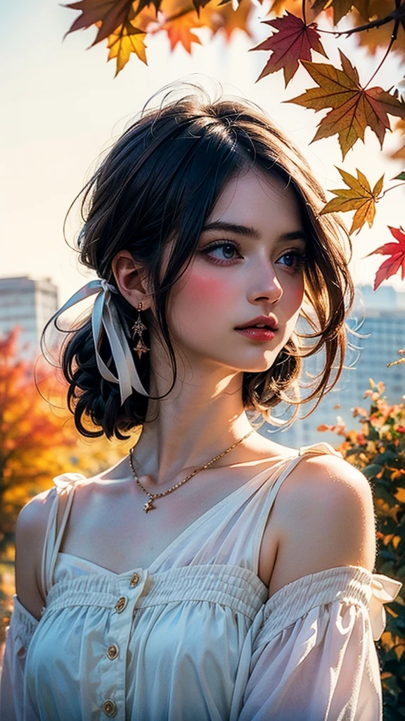 (8k, Highest quality, masterpiece:1.2),(Highest quality:1.0), (Ultra-high resolution:1.0), watercolor, Beautiful woman, shoulder, Hair Ribbon, Agnes Cecil, Half Body Portrait, Very bright and luminous design, pastel colour, (ink:1.3), Autumn Light,