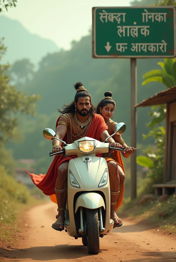 mahabharath character Bheema and arjuna is riding in a honda Activa scooter in a village. Village name is Kulathoor mentioned in a green road sign board
