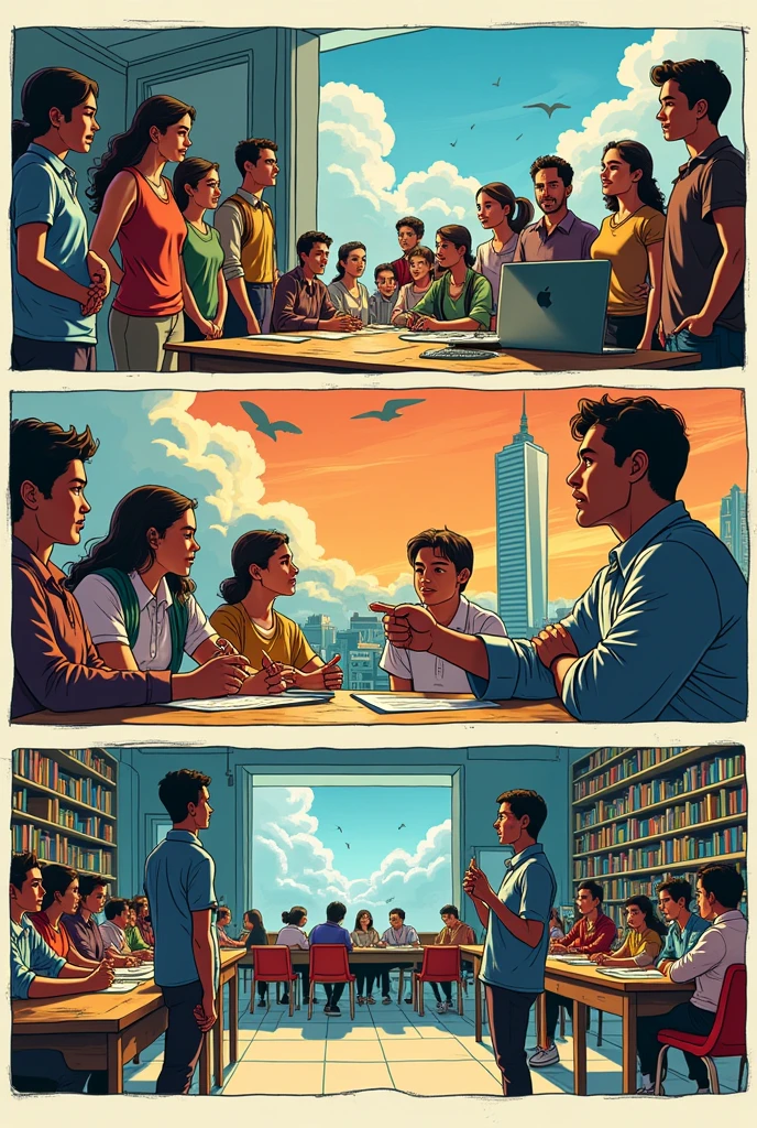 A comic strip with lyrics in Spanish about the history of education and its evolution