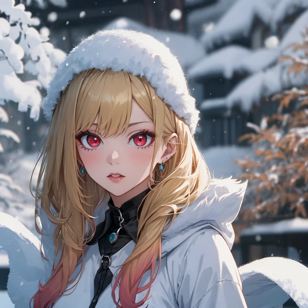The snow queen:1.5, Snow Scenery, Kitagawa Marine, The background is snowy mountains, One girl, Blonde Hair, Long Hair, Multicolored Hair, Red eyes, jewelry, Earrings, Earrings, Black choker, uhd, retina, masterpiece, ccurate, anatomically correct, textured skin, super detail, high details, high quality, best quality, highres, 4K