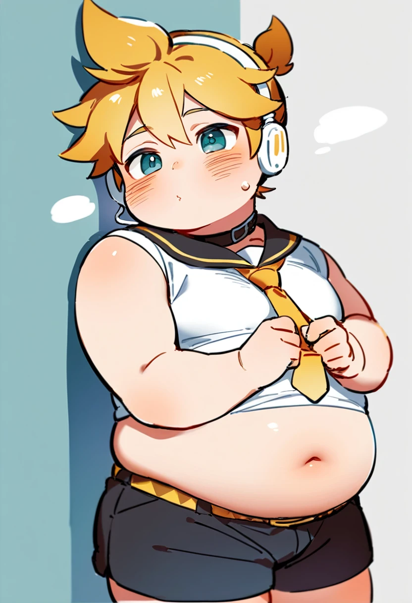 1 boy, (male child), , (Kagamine Len), cute, obese, fang, shirtless, earphone, shorts, necklace, (chubby), (plump), (belly fully exposed), sitting on a bed, (full blushed), huffing and puffing, rubbing his belly, smiling