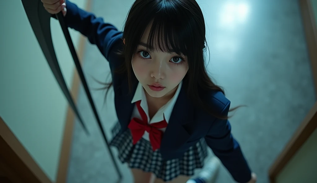 Real, Wide Shot, 1. Female, Japanese Teen, Straight Long Hair, Big, sharp eyes shining brightly, Long eyelashes, A navy blue blazer with a red ribbon tie over a white dress shirt, Checked mini skirt, Tokyo Metropolitan High School Uniforms、white calf,Navy blue socks,Socks and white sneakers, A large scythe is the weapon of choice、He has a big scythe like the Grim Reaper, Horikita Maki, Gogo Yubari, Kill Bill, indoor, Bokeh effect, Depth of written boundary, 超Real, Professional photography, Cinema Lighting,Round eyes,Fair skin,I'm attacking,Murderous Intent,Murderous Beautiful Girl,live-action,Overall image,