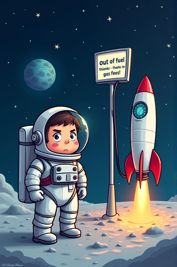 Create a digital cartoon-style image of an astronaut in a spacesuit standing next to a rocket on the moon. The rocket is attached to a gas station pump labeled 'Out of Fuel - Thanks to Gas Fees!' The astronaut looks frustrated or disappointed, and there are stars and the Earth visible in the background. The overall tone should be humorous and playful, capturing the meme theme of being stuck due to high gas fees."