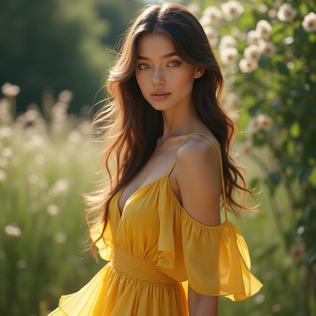 (photorealism:1.2), (full body shot:1.9) Beautiful, stunning, gorgeous, stunning woman, brown hair, green eyes, slender legs, soft features, muse, goddess, realistic skin, extremely detailed full body shot of a strikingly stunning woman, silk yellow summer dress, high heels