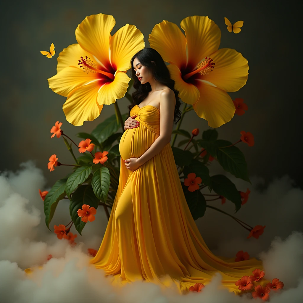 pregnant woman in yellow dress posing in front of large yellow flower, a portrait by Sam Black, some cloudy effect in ground and flower , leaf flowing in air ,shutterstock contest winner, art photography, draped with red hybiscus, rich yellow colors, draped in velvet and flowers, full body photoshoot, grayscale phtoto with yellow dress, maternal photography 4 k, award winning studio photo, in a yellow dress, rich yellow, smoke and cloudy efefct in ground little buterfly also 