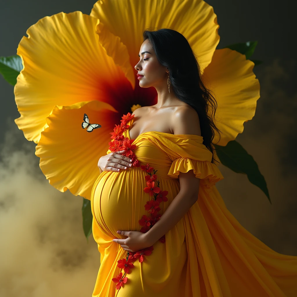 pregnant woman in yellow dress posing in front of large yellow flower, a portrait by Sam Black, some cloudy effect in ground and flower , leaf flowing in air ,shutterstock contest winner, art photography, draped with red hybiscus, rich yellow colors, draped in velvet and flowers, full body photoshoot, grayscale phtoto with yellow dress, maternal photography 4 k, award winning studio photo, in a yellow dress, rich yellow, smoke and cloudy efefct in ground little buterfly also 