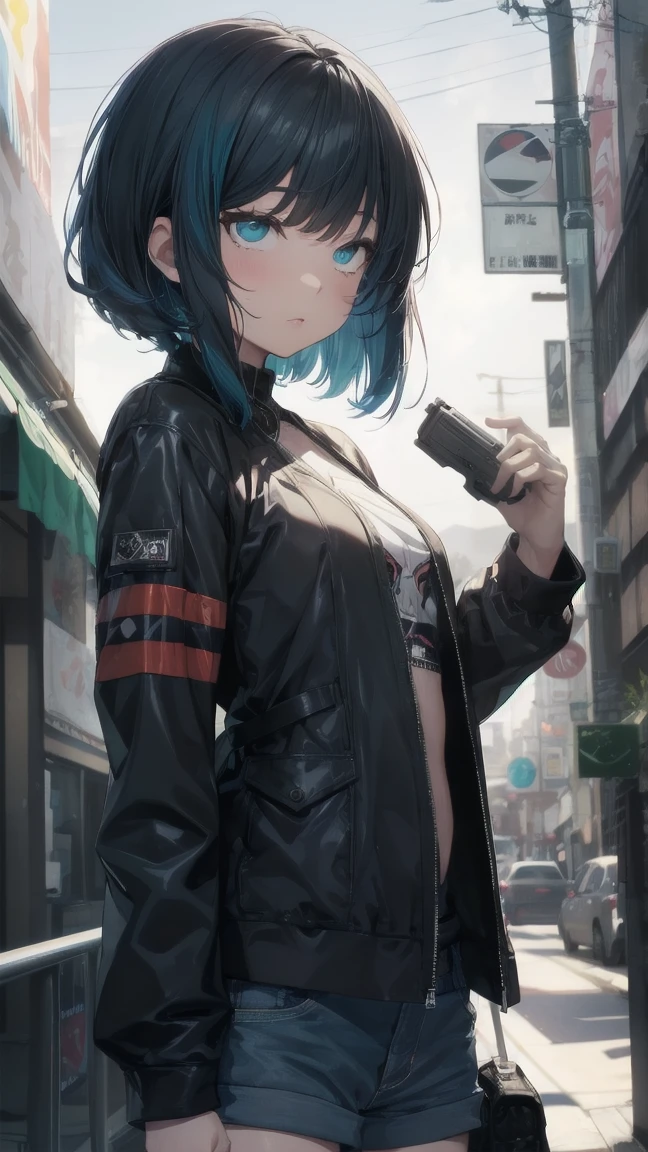 Anime character with gun and black jacket, artwork in the style of Gwaiz, Anime Style 4k yen, Gwaiz, Anime Style. 8k, Gwaiz on artstation pixiv, Gwaiz on pixiv artstation, Ilya Kuvshinov. 4k yen, 4k anime wallpaper, Cyberpunk anime, High quality anime art style, Jinx Face, Wolf Cut, short hair, hot pants, Small breasts, ((Black Hair, Inner bright blue hair:1.4)), Pitch Resuit, rubber ,Nipples, tits, R18, Nipple piercing, Slanted Eyes, Ahegao