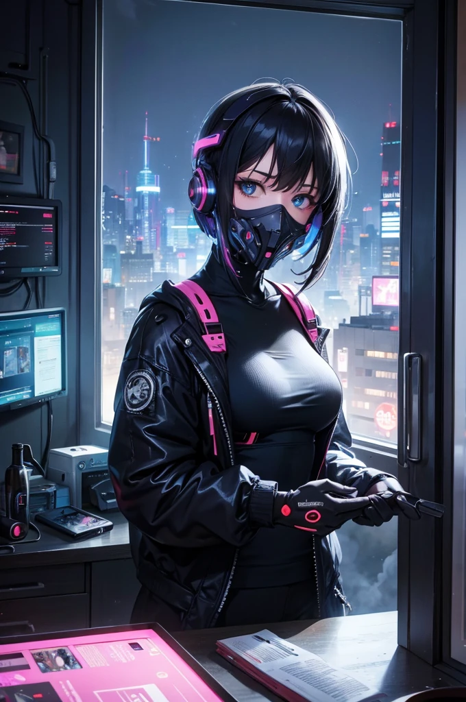 One person, alone, mask, Landscape,View your viewers,Looking out the window,cyber punkシティの夜,Relax in a modest bed,Edge of the screen,Short Hair,, whole body, Black Hair, mouth mask,Brush your hair up,Show your armpits, blue eyes, Tank top, A large room for a single person with a large window on the front wall, , Halftone, cable,Neon Light,(cyber punk:1.2),