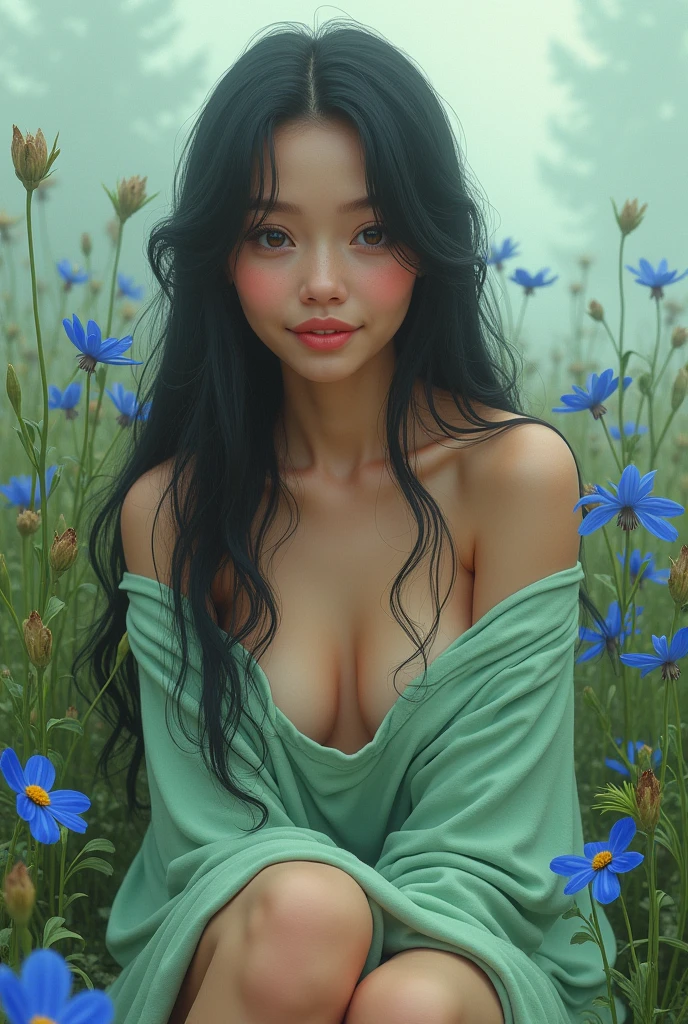 Different mood busty american with large eyes woman large eyes with very two long hair, showing clevage, clutched in milk green towel, Digital art, by IrinaKapi. in trampled shoes is sitting on an old blue and green flower garden on the side of the road, light fog. Withered flowers.light smile, clin skinomy, illustrative, painterly, detailed, UHD drawing, pen and ink, perfect composition, beautiful detailed intricate insanely detailed octane render trending on artstation, 8k artistic photography, photorealistic concept art, soft natural, all in one frame