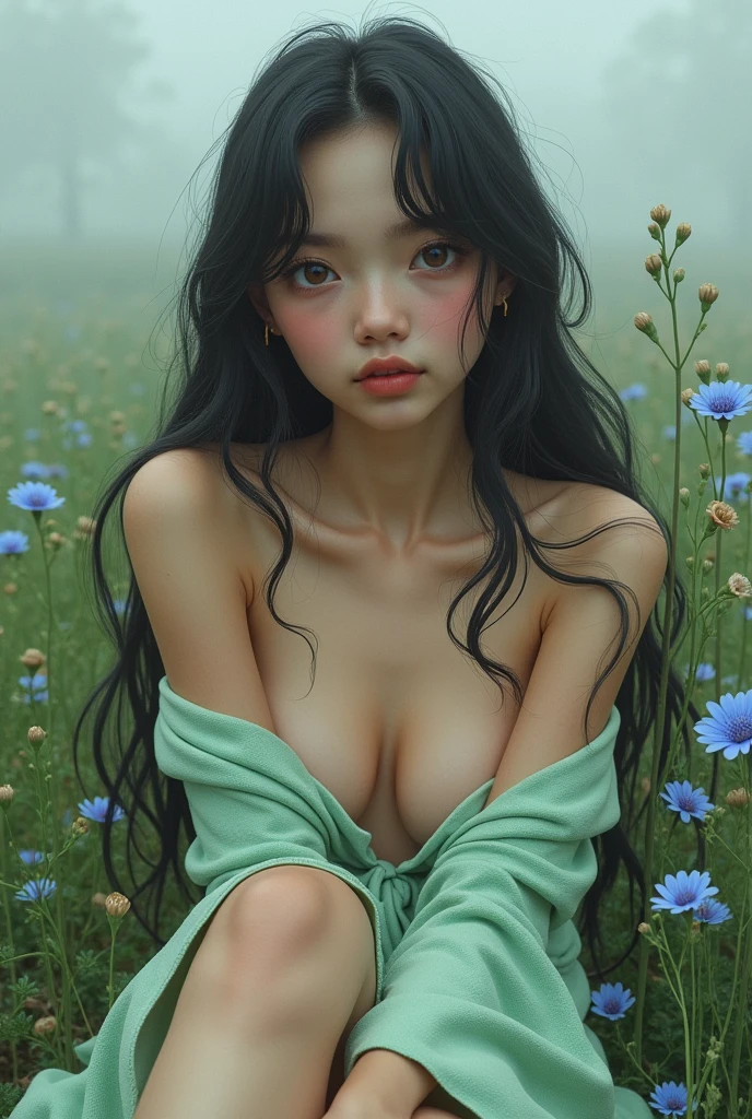  (oil:1.5), \\ A woman with long black hair and white flowers in her hair is lying in a field of white flowers。, (Amy Sol:0.248), (Stanley Artjam Lau:0.106), (Detailed painting:0.353), (Gothic art:0.106),NUDE
