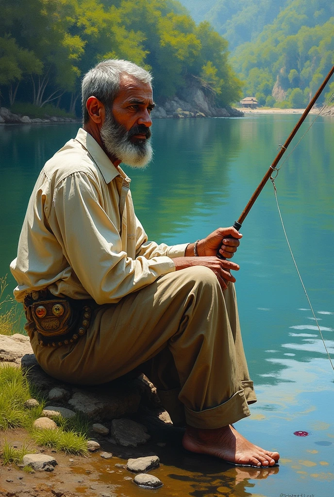 ultra realistic oil painting of a man fishing at a lake, by Raja Ravi Varma, detailed Impressionistic painting, broader brush strokes, beautiful lush green landscape in the background, intricate, highly detailed, wine stain on the cloth, ((Perfectly detailed fishing man with fish tub)), oil on canvas, portrait painting by greg rutkowski, Dramatic portrait, (Signed as 'Lisan Al Ghaib'), 4k UHD Portrait, 