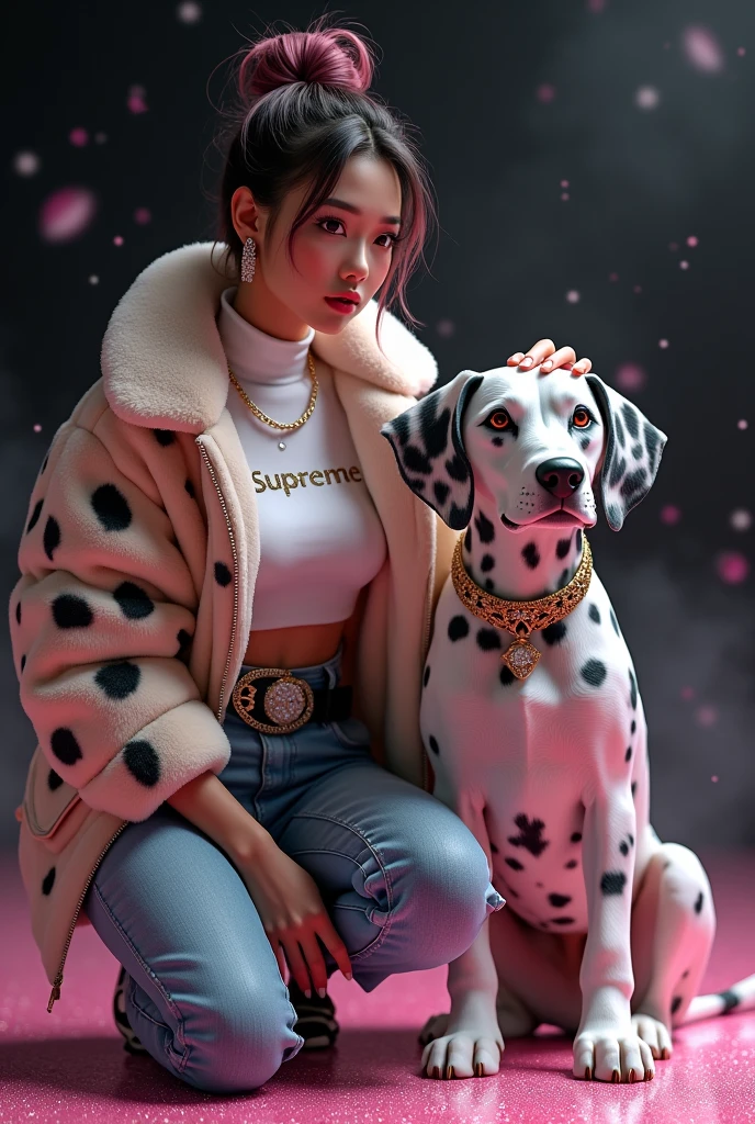 beautiful tanned japanese woman, wearing a designer fur puffer crop dalmatian print jacket , and white turtle neck t-shirt underneath the coat, write "SUPREME" with glitter on t-shirt, (t-shirt tucked in) (t-shirt underneath pants) tucked in the t-shirt inside underneath jeans pants, chain necklace, diamond rings, hoop earring, big diamond buckle leather belt, thick eyebrows, photorealistic, masterpiece, moncler, messy bun pink highlighted hair, open the jacket, lips pouting, pouts, void black background with smokes, glitters and particles and nice lighting, UHD, HDR, 8k, Masterpiece, beside her a big adult dalmatian wearing gold collar height is same with the woman, squatting on pink glittery floor, rap pose, squat pose, petting dog's head, eyes looking at camera.