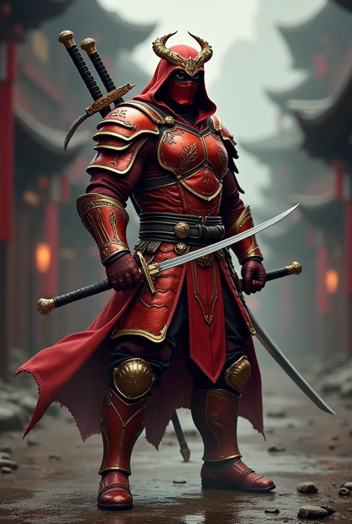 Ninja with two swords on his back with suit of metal of red color with golden with strong muscle body