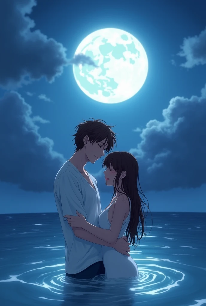 Create a anime style landscape image. Digital artwork featuring a romantic scene of a couple embracing in the ocean under a full moon. The style is highly detailed and realistic, with a soft, ethereal glow illuminating the subjects. The man and woman are waist-deep in the water, with the moonlight casting a serene, blue hue over the scene. The man has short, tousled brown hair and a light skin tone, wearing a white, wet shirt that clings to his body. The woman has long, wet brown hair and a light skin tone, with her eyes closed and a peaceful expression on her face. The background showcases a calm ocean with gentle waves and a cloudy night sky, dominated by a large, bright full moon. The overall mood is intimate and tranquil, capturing a moment of tender connection between the couple.