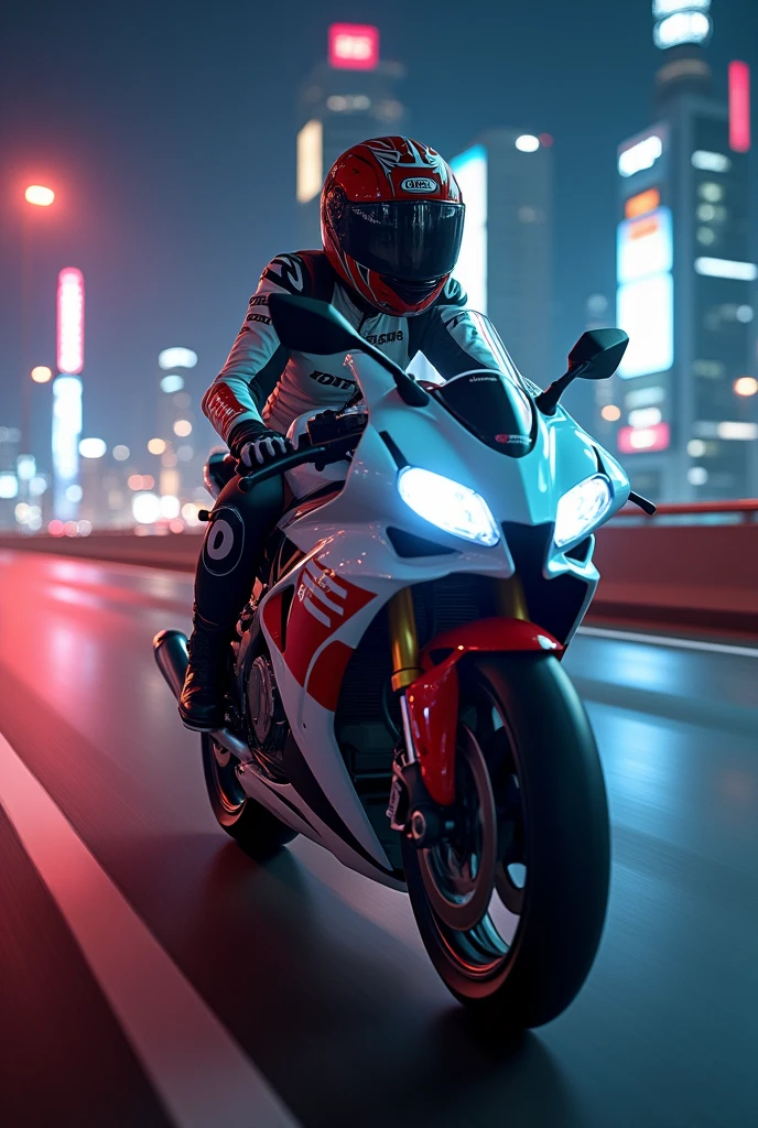 ultra-realistic, photorealistic, dramatic scene, shadow, global-illumination, beautiful Japanese idol girl, Riding on a super cool sport motorcycle, at highway in metropolitan at night, high speed, dramatic scene, masterpiece, face focus, clear helmet visor, beautiful eyes, Honda bike, Shoei helmet, professional racer's outfits, A gesture of "I'll go first", shoot from side