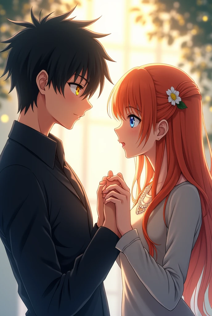 cool guy, black hair, yellow eyes, clasping his hand with the girl's, she has orange hair, blue eyes, modestly dressed, anime character