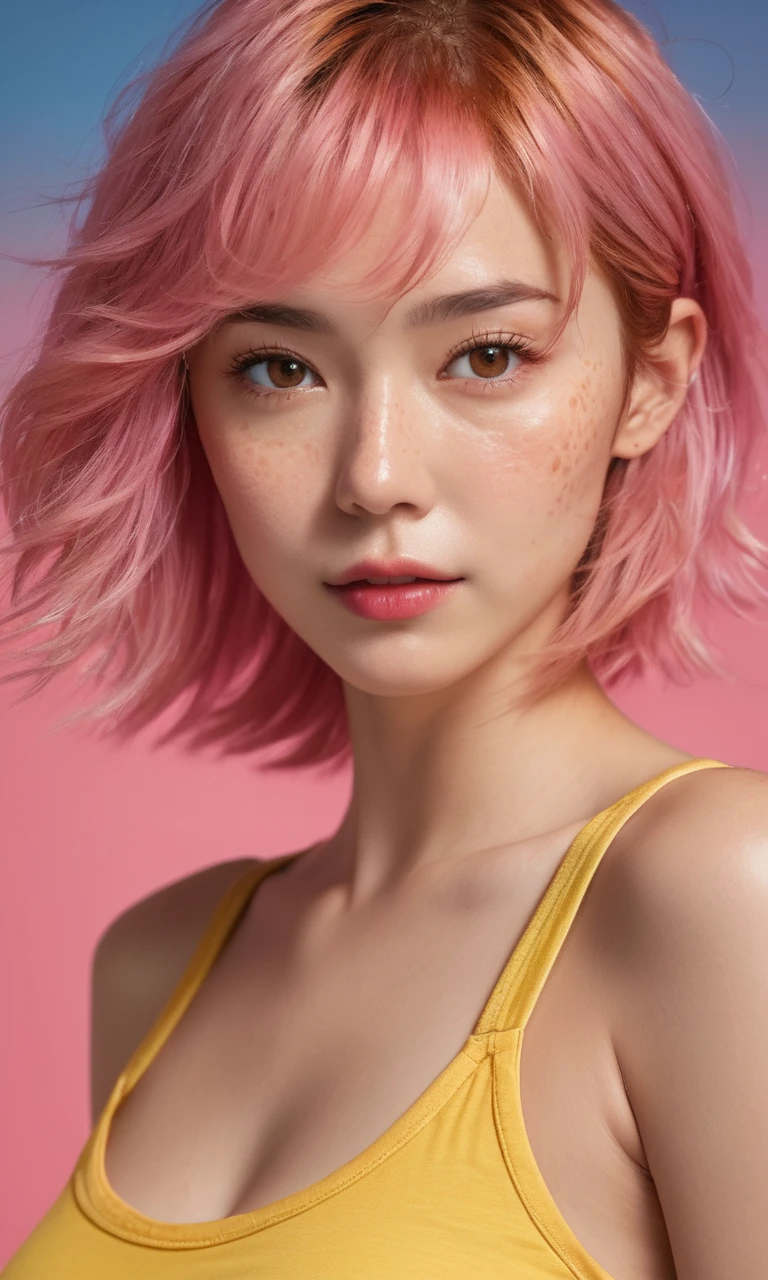 (masterpiece,best quality, ultra realistic,32k,RAW photo,detail skin, 8k uhd, dslr,high quality, film grain:1.1), short hair , pink hair hair:1.1,portrait,lady, brown eyes, DayGlo yellow Pajama pants and tank top, exposed armpits, freckles, (Rust gradient background,led light, edge light, simple background)