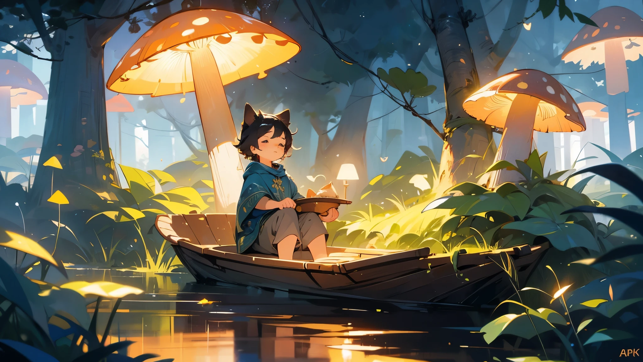 a young boy lying and looking up at the night sky, a cat sleeping on a small raft in a calm very small lake, fireflies illuminating the surroundings, glowing patterns on the grass, leaves, trees, and mushrooms around, atmospheric, serene, detailed, (best quality,8k,highres,masterpiece:1.2),ultra-detailed,(realistic,photorealistic,photo-realistic:1.37),digital painting,cinematic lighting,vibrant colors,beautiful landscape,tranquil scene,fantasy
